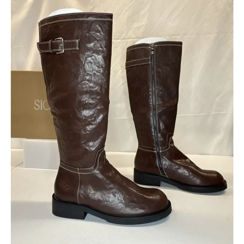 Women's SICARE Brown Knee High Boots Buckle Detail Flat Block Heel Size 8